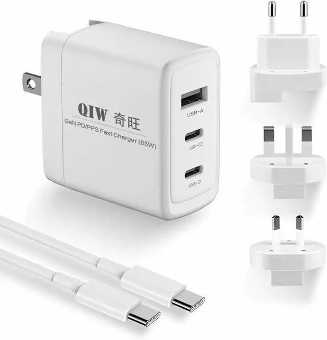 Main image of 65W GaN 3-Port USB C Charger w/Cable PD/PPS Fast Charging US/EU/UK/AU Interchangeable Plug AC Adapter for MacBook iPhone 17/16/15/Air/Max Switch 2/1 Laptop Tablet Galaxy S25/24/23+Ultra Surface Pro/Go