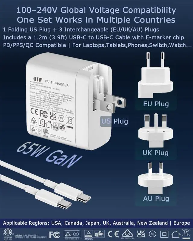 Alt view image 2 of 7 - 65W GaN 3-Port USB C Charger w/Cable PD/PPS Fast Charging US/EU/UK/AU Interchangeable Plug AC Adapter for MacBook iPhone 17/16/15/Air/Max Switch 2/1 Laptop Tablet Galaxy S25/24/23+Ultra Surface Pro/Go