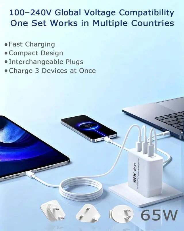 Alt view image 4 of 7 - 65W GaN 3-Port USB C Charger w/Cable PD/PPS Fast Charging US/EU/UK/AU Interchangeable Plug AC Adapter for MacBook iPhone 17/16/15/Air/Max Switch 2/1 Laptop Tablet Galaxy S25/24/23+Ultra Surface Pro/Go
