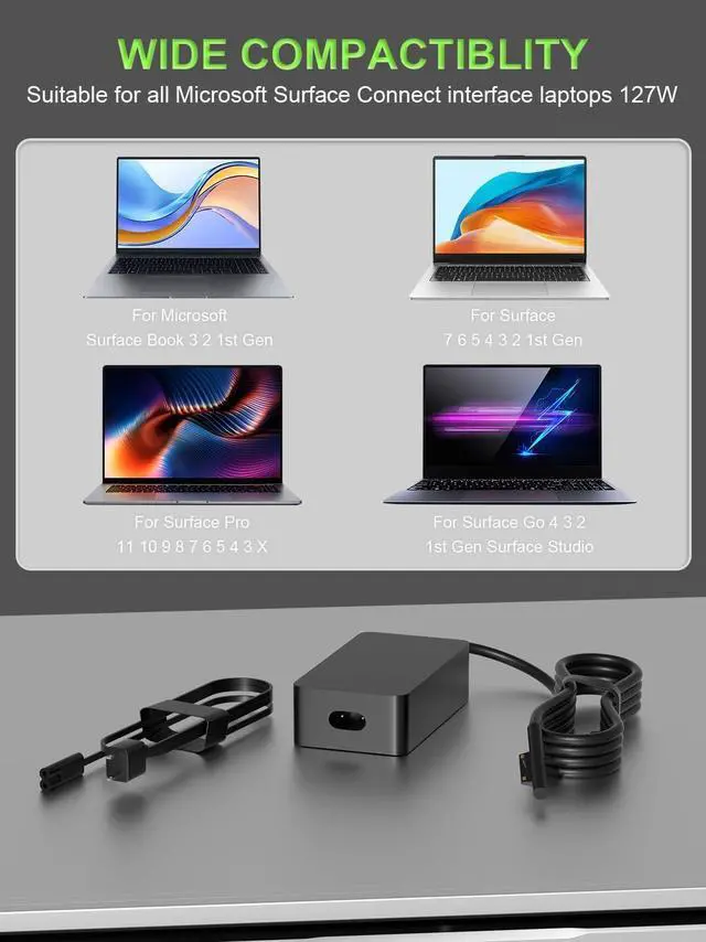 Alt view image 3 of 7 - 127W 102W Charger Compatible with Microsoft Surface Laptop Studio/Go 1 2 3 Book 3 2 1/Surface Laptop 7 6 5 4 3 2 1 Surface Pro 10 9 8 7 7+ 6 5 4 3 X Windows Charging Adapter