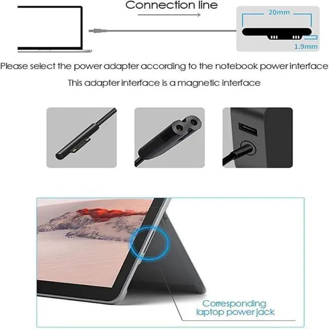 Alt view image 3 of 6 - 65W Compatible with Microsoft Surface Charger Pro 3-8, Laptop 6-4,1769, 1736, 1800 Surface Go Tablet, Surface Book 3-1,Windows Surface Laptop,Support 44W, 36W, LED,Power Adapter Cord