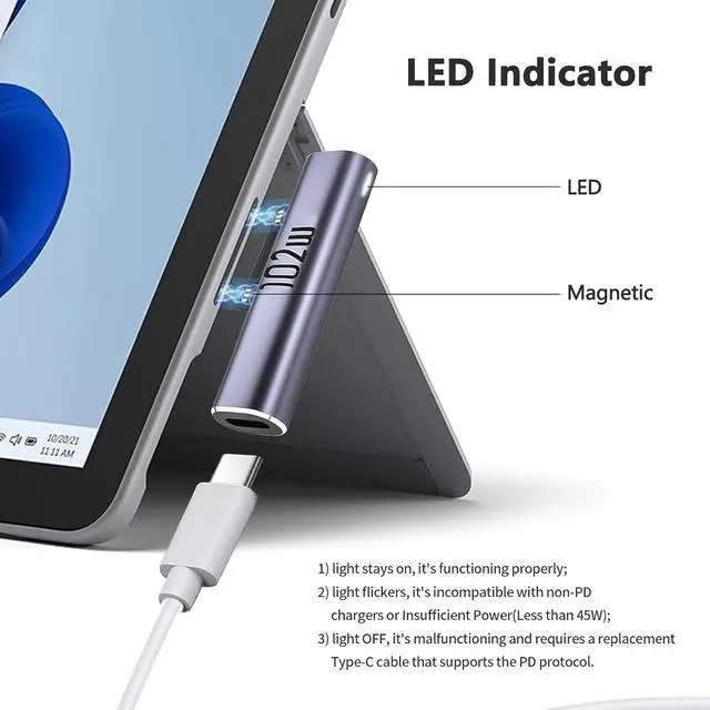Alt view image 6 of 6 - 102W Magnetic Charger for Surface - USB C Female to Magnetic Male Charging Adapter Type-C PD Power Charger Accessory for  Pro Surface-Book Surface-Go Surface-Laptop Surface-Duo 2