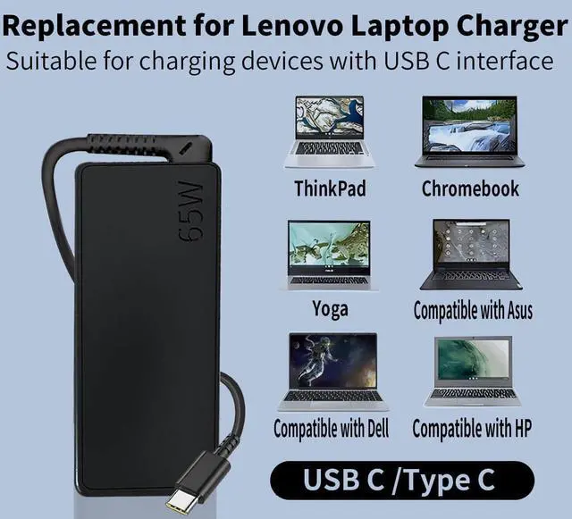 Alt view image 4 of 7 - 65W USB C Charger Replacement for  Laptop Charger USB C Compatible with  Thinkpad/Yoga/Chromebook T480 T490 T14 T15 E14 X1 C930 C940 100e 300e 500e Type-C School Chromebook Charger