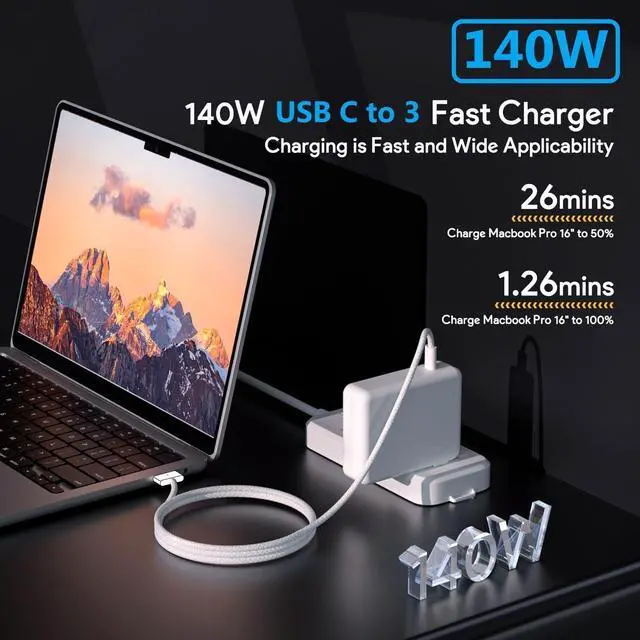 Alt view image 2 of 7 - 140W MacBook Pro Charger for MacBook Pro 16 14 inch Mac Air 15 13 inch 2025 2024 2023 2022 2021 M1-M4 USB Type-C Fast Laptop Charger Power Adapter 6.6FT Type C to Magnetic 3 Cable LED