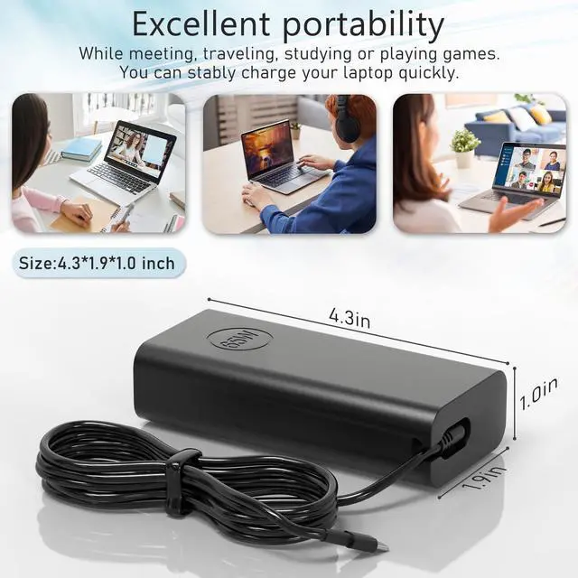 Alt view image 4 of 6 - New Slim 65W USB C  Laptop Charger - for Latitude 5530 5420 5430 5520 5540 7430 7420 7440 for Inspiron 14 7425 16 7620 XPS 13 7390 2-in-1 Chromebook 3100  Computer Power Adapter Cord