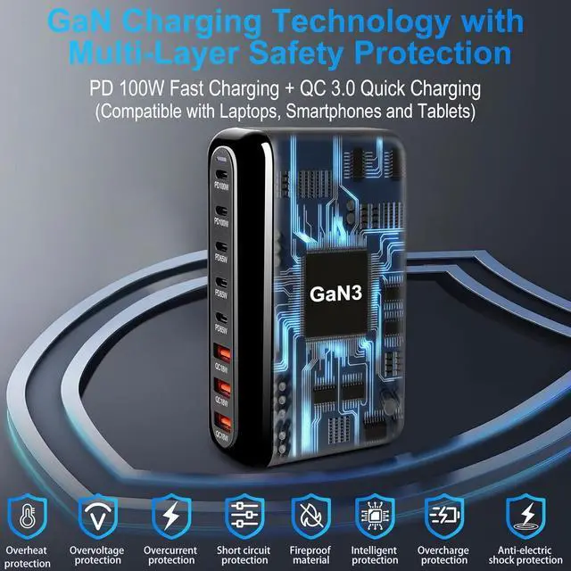 Alt view image 5 of 7 - USB C Charger 440W GaN Fast Charger Block 8-Port PD3.0 Fast Charging Station 100W/65W AC Adapter Compatible with MacBook Pro/Air Chromebook Surface/HP// Laptop iPhone/Android Phone