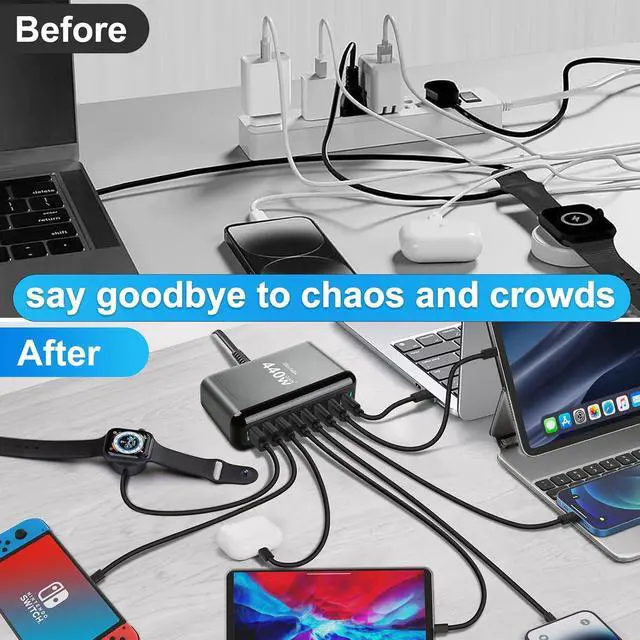 Alt view image 7 of 7 - USB C Charger 440W GaN Fast Charger Block 8-Port PD3.0 Fast Charging Station 100W/65W AC Adapter Compatible with MacBook Pro/Air Chromebook Surface/HP// Laptop iPhone/Android Phone