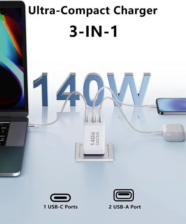 Alt view image 3 of 7 - 140W Mac Book Charger USB C Fast Charger Foldable 3-Port Multi-Device Fast Power Adapter USB C Charger for MacBook pro/Air   Galaxy iPad Pro and More (White)