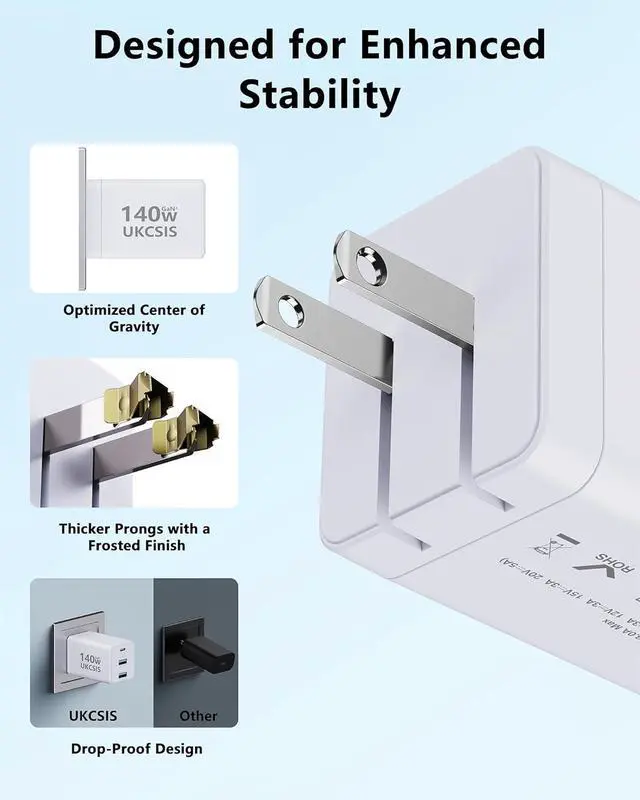 Alt view image 6 of 7 - 140W Mac Book Charger USB C Fast Charger Foldable 3-Port Multi-Device Fast Power Adapter USB C Charger for MacBook pro/Air   Galaxy iPad Pro and More (White)