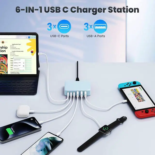 Alt view image 3 of 7 - USB C Charger Block 108W Super Fast Upgraded GaN III 6 Port USB C Charging Station 3xQC+3xPD Type C Fast Phone Charging Hub Adapter Compatible with iPhone 15 Pro 14 13 12 Android  (Pale Blue)