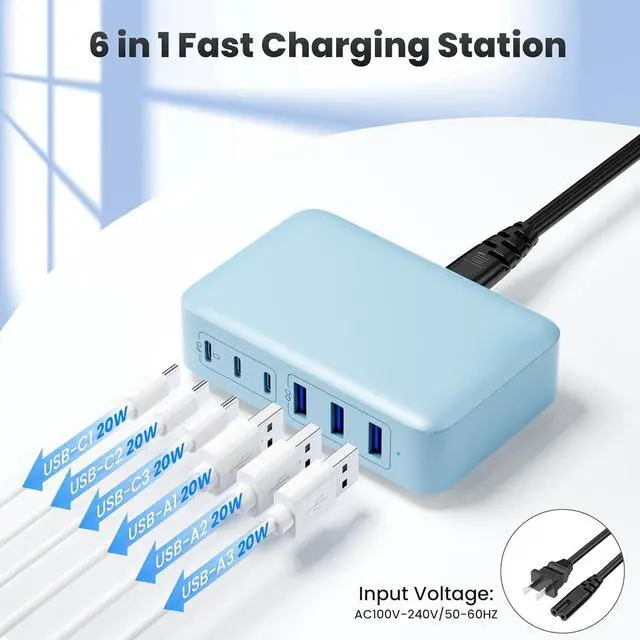 Alt view image 7 of 7 - USB C Charger Block 108W Super Fast Upgraded GaN III 6 Port USB C Charging Station 3xQC+3xPD Type C Fast Phone Charging Hub Adapter Compatible with iPhone 15 Pro 14 13 12 Android  (Pale Blue)