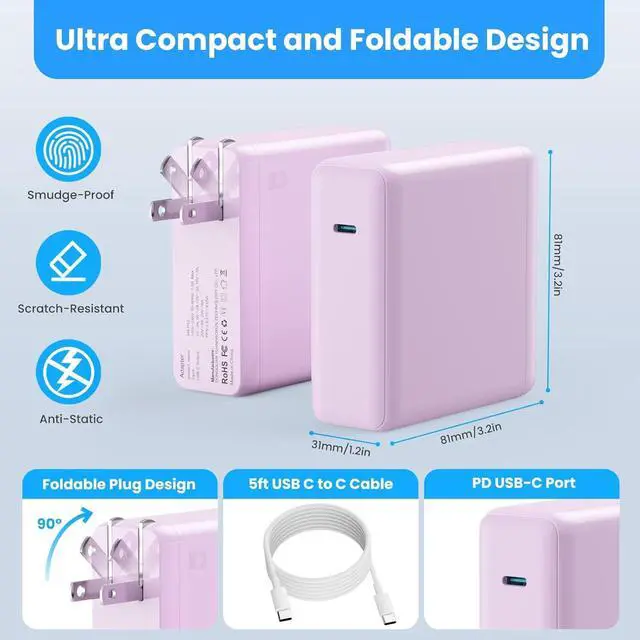 Alt view image 4 of 6 - Mac Book Pro Charger - 120W USB C Charger Fast Charger Compact Laptop Charger Adapter Compatible with USB C Port MacBook Pro/Air iPad Pro  Galaxy and All USB-C Devices (Light Purple)