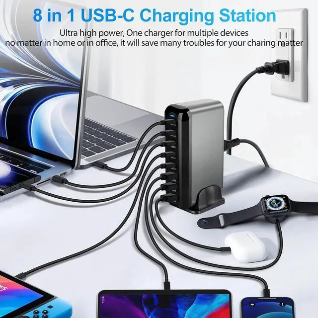 Alt view image 6 of 7 - USB C Charger 440W GaN Fast Charger Block 8-Port PD3.0 Fast Charging Station 100W/65W AC Adapter Compatible with MacBook Pro/Air Chromebook Surface/HP// Laptop iPhone/Android Phone