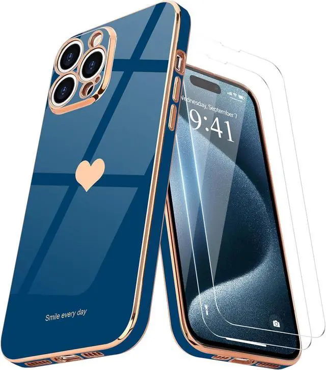 Main image of for iPhone 15 Pro Case with Screen Protector [2 Pack] Girl Women Cute Girly Love-Heart Luxury Gold Soft Cover Camera Protection Silicone Shockproof Phone Case for iPhone 15 Pro Royal Blue