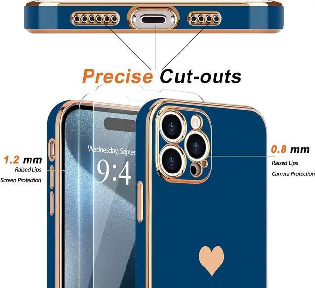 Alt view image 2 of 6 - for iPhone 15 Pro Case with Screen Protector [2 Pack] Girl Women Cute Girly Love-Heart Luxury Gold Soft Cover Camera Protection Silicone Shockproof Phone Case for iPhone 15 Pro Royal Blue