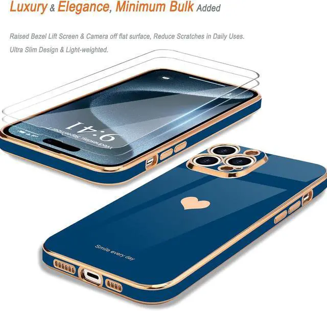 Alt view image 3 of 6 - for iPhone 15 Pro Case with Screen Protector [2 Pack] Girl Women Cute Girly Love-Heart Luxury Gold Soft Cover Camera Protection Silicone Shockproof Phone Case for iPhone 15 Pro Royal Blue