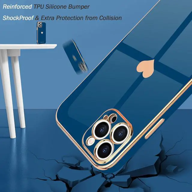 Alt view image 4 of 6 - for iPhone 15 Pro Case with Screen Protector [2 Pack] Girl Women Cute Girly Love-Heart Luxury Gold Soft Cover Camera Protection Silicone Shockproof Phone Case for iPhone 15 Pro Royal Blue