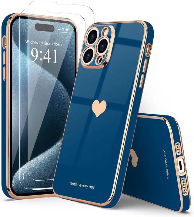 Alt view image 6 of 6 - for iPhone 15 Pro Case with Screen Protector [2 Pack] Girl Women Cute Girly Love-Heart Luxury Gold Soft Cover Camera Protection Silicone Shockproof Phone Case for iPhone 15 Pro Royal Blue