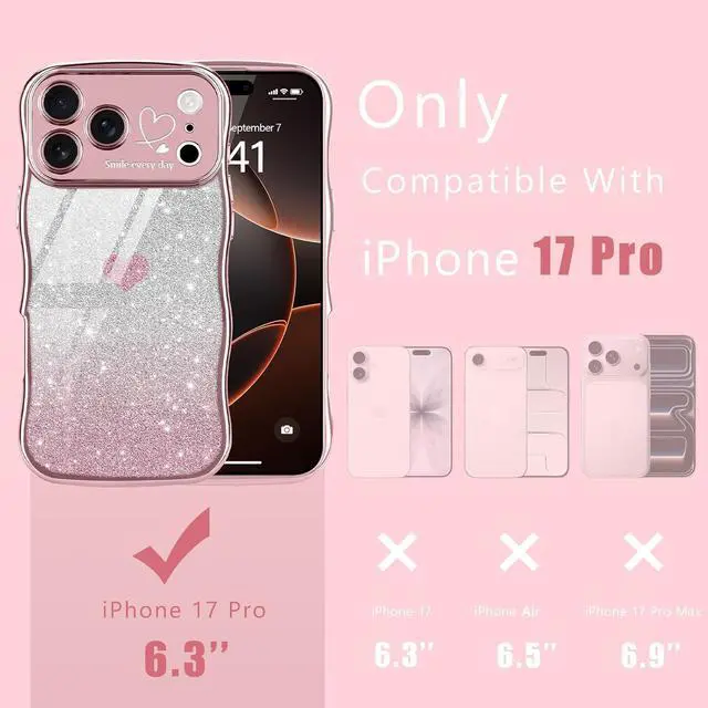 Alt view image 2 of 7 - for iPhone 17 Pro Case for Women Girls Cute Curly Wavy Love Heart Glitter Bling Camera Protection Sparkly Luxury Elegant Shockproof Cover Clear Wave Phone Case for iPhone 17 Pro Rose Gold
