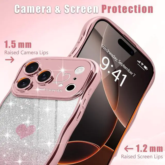 Alt view image 3 of 7 - for iPhone 17 Pro Case for Women Girls Cute Curly Wavy Love Heart Glitter Bling Camera Protection Sparkly Luxury Elegant Shockproof Cover Clear Wave Phone Case for iPhone 17 Pro Rose Gold