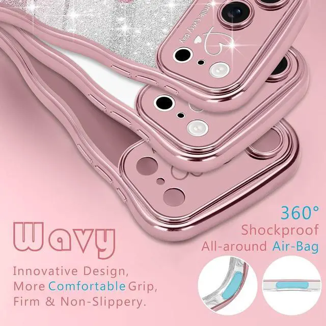 Alt view image 4 of 7 - for iPhone 17 Pro Case for Women Girls Cute Curly Wavy Love Heart Glitter Bling Camera Protection Sparkly Luxury Elegant Shockproof Cover Clear Wave Phone Case for iPhone 17 Pro Rose Gold