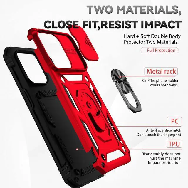Alt view image 7 of 7 - iPhone 14 Pro Case with Kickstand & Camera Cover Military Grade Heavy Duty Protective Magnetic Phone Case for iPhone 14 Pro 6.1 Red