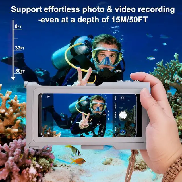 Alt view image 2 of 7 - Universal Waterproof Phone Case (Fits up to 6.9 Phones) - 50ft/15m Underwater Protection for Snorkeling Diving with Bluetooth Remote for Photos & Videos (Gray 3th Generation Phone Case)