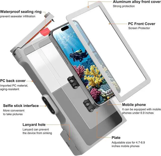 Alt view image 4 of 7 - Universal Waterproof Phone Case (Fits up to 6.9 Phones) - 50ft/15m Underwater Protection for Snorkeling Diving with Bluetooth Remote for Photos & Videos (Gray 3th Generation Phone Case)