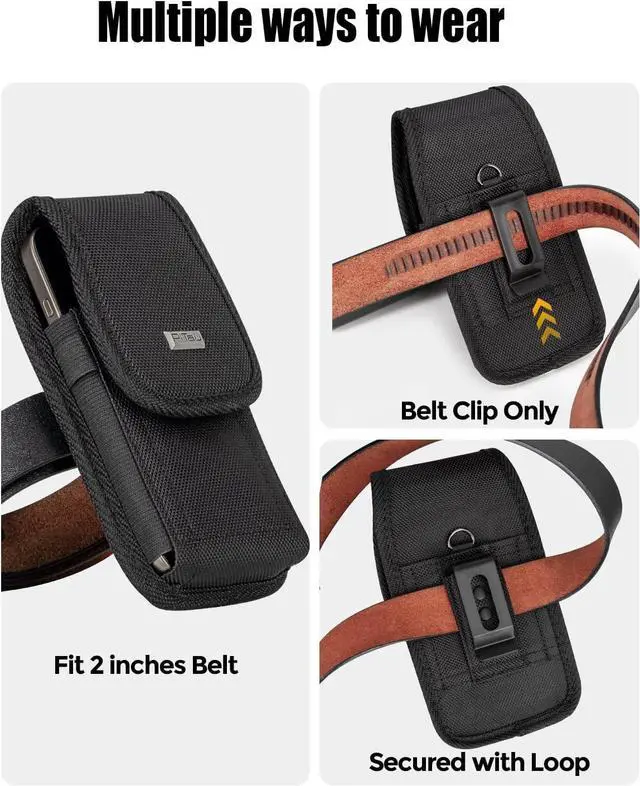 Alt view image 3 of 6 - Belt Holster for iPhone 16 16e 16Pro 15 Pro 14 13 12 11 Xs X XR  Galaxy S25 S24 S23 S22 S21 Nylon Cell Phone Case with Clip Pouch Holder Cover Fits Protective Case Black
