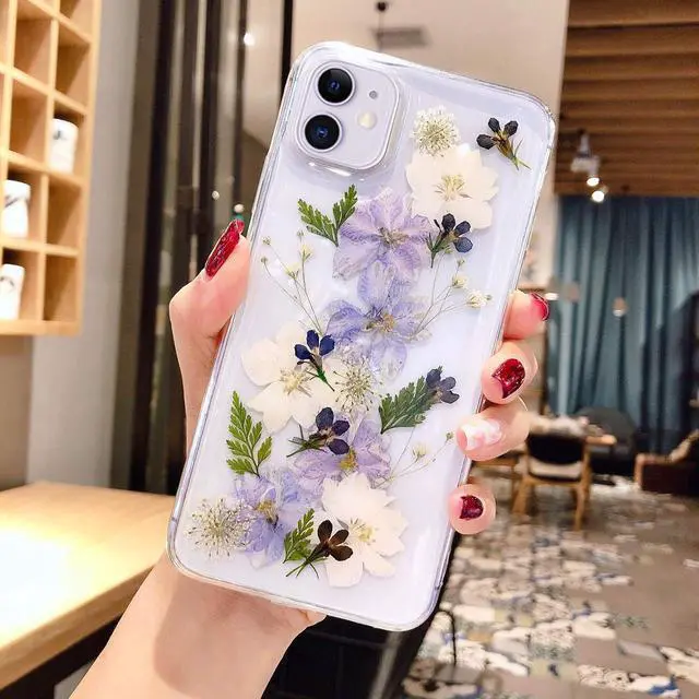 Alt view image 3 of 7 - for iPhone 11 Flower case Cute Clear Soft TPU Flexible Rubber Pressed Dry Real Flowers Case Blue White Flower Case for iPhone 11 (Navy Flower)