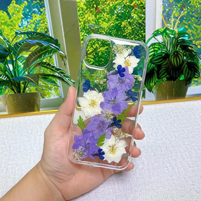 Alt view image 5 of 7 - for iPhone 11 Flower case Cute Clear Soft TPU Flexible Rubber Pressed Dry Real Flowers Case Blue White Flower Case for iPhone 11 (Navy Flower)