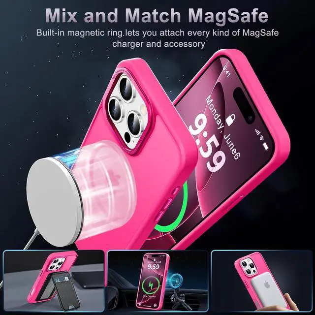 Alt view image 2 of 7 - Designed for iPhone 16 Pro Max Case with Magnetic [13 FT Military Drop Protection] [Compatible with Magsafe] Slim Translucent Matte Shockproof with Anti-Fingerprint Phone Case Hot Pink
