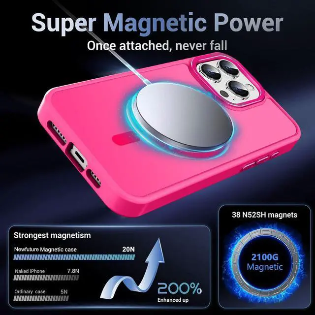 Alt view image 3 of 7 - Designed for iPhone 16 Pro Max Case with Magnetic [13 FT Military Drop Protection] [Compatible with Magsafe] Slim Translucent Matte Shockproof with Anti-Fingerprint Phone Case Hot Pink