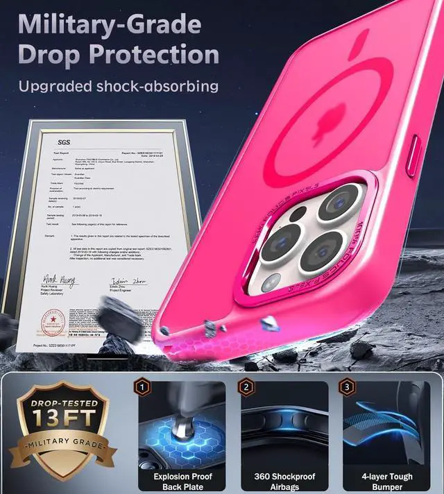 Alt view image 5 of 7 - Designed for iPhone 16 Pro Max Case with Magnetic [13 FT Military Drop Protection] [Compatible with Magsafe] Slim Translucent Matte Shockproof with Anti-Fingerprint Phone Case Hot Pink