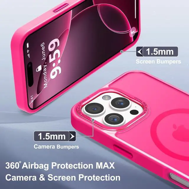 Alt view image 6 of 7 - Designed for iPhone 16 Pro Max Case with Magnetic [13 FT Military Drop Protection] [Compatible with Magsafe] Slim Translucent Matte Shockproof with Anti-Fingerprint Phone Case Hot Pink