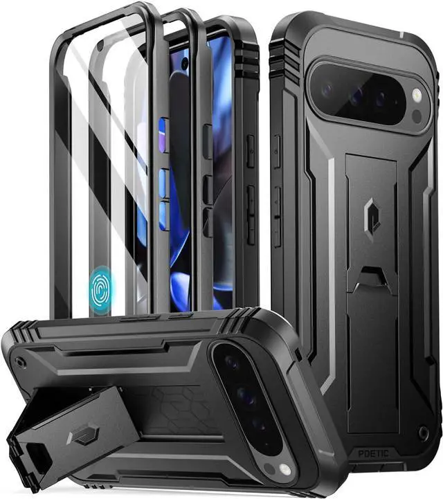 Main image of Revolution Case for Google Pixel 9 Pro XL 5G 6.8 inch Built-in Screen Protector Work with Fingerprint ID Full Body Military Grade Rugged Shockproof Protective Cover Case with Kickstand Black