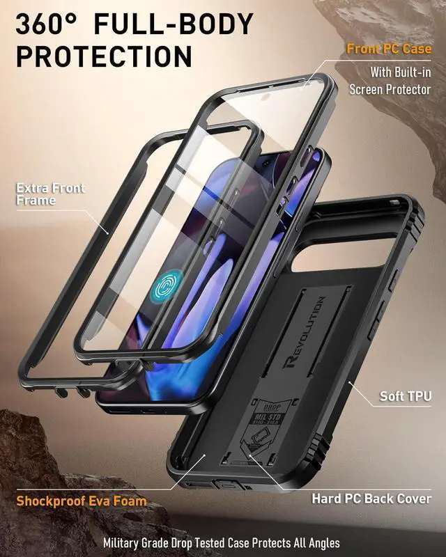 Alt view image 3 of 7 - Revolution Case for Google Pixel 9 Pro XL 5G 6.8 inch Built-in Screen Protector Work with Fingerprint ID Full Body Military Grade Rugged Shockproof Protective Cover Case with Kickstand Black