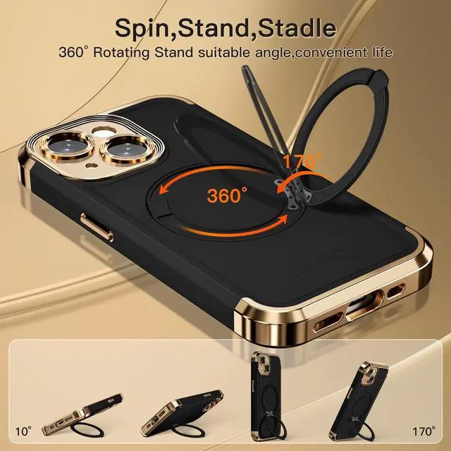 Alt view image 3 of 6 - for iPhone 14 Case 6.1 Upgraded 360° Spin Magnetic Stand [Compatible with Magsafe][Military Grade Drop Protection] Shockproof Protective Phone Holder Cover for iPhone 14 Black Gold