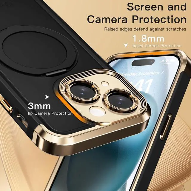 Alt view image 6 of 6 - for iPhone 14 Case 6.1 Upgraded 360° Spin Magnetic Stand [Compatible with Magsafe][Military Grade Drop Protection] Shockproof Protective Phone Holder Cover for iPhone 14 Black Gold