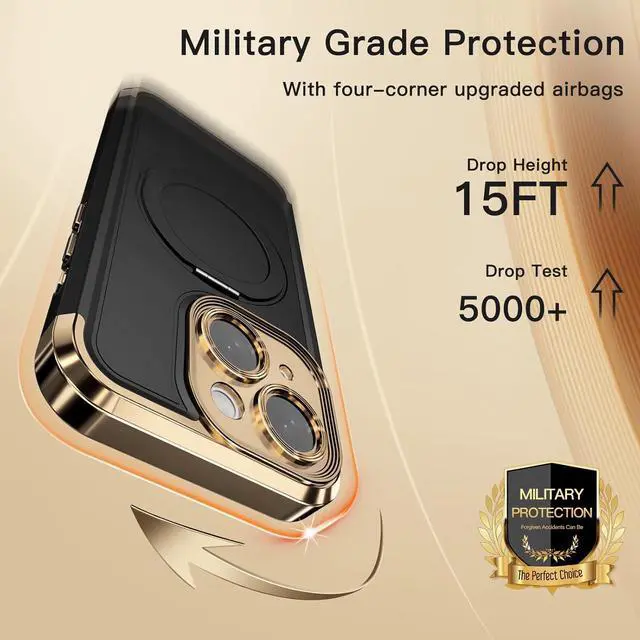 Alt view image 5 of 6 - for iPhone 14 Case 6.1 Upgraded 360° Spin Magnetic Stand [Compatible with Magsafe][Military Grade Drop Protection] Shockproof Protective Phone Holder Cover for iPhone 14 Black Gold