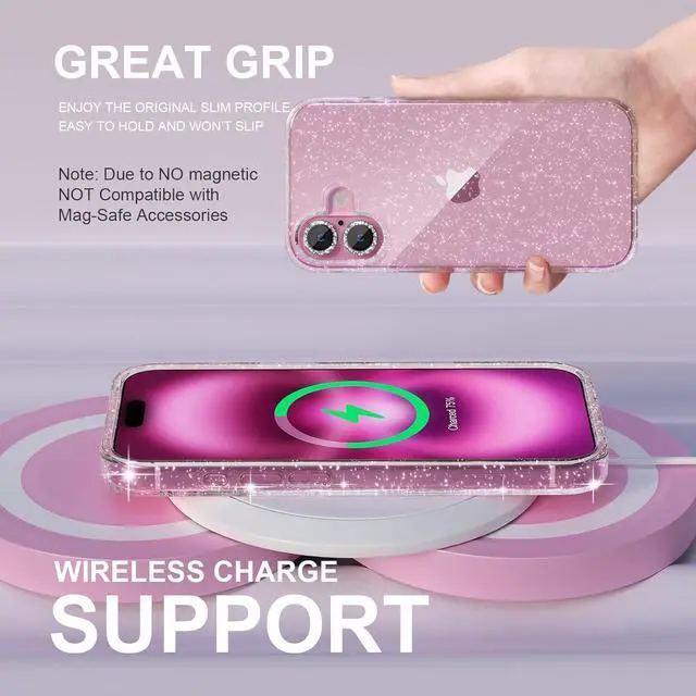 Alt view image 6 of 7 - Compatible for iPhone 16 Plus Case Women Phone Case Cute Bling Sparkly Military Grade Drop Protection 2 Diamond Camera Lens Covers 2 Tempered Glass Protectors 6.7 inch (Glitter Clear)