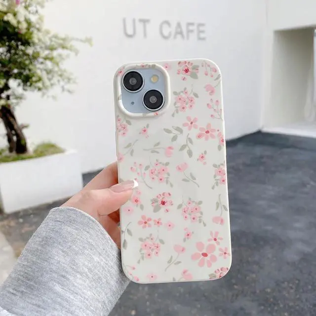 Alt view image 2 of 7 - for iPhone 13 Case Cute Pink Floral Flower Pattern Aesthetic Phone Case Raised Camera Protection Soft Slim TPU Shockproof Protective Phone Cover for Girls Women - Pink