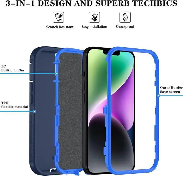 Alt view image 6 of 6 - Phone Case for iPhone 14 Plus Case with HD Screen Protector Heavy Duty Shockproof & DustProof & Dropproof 3-Layer Cover Phone Case for iPhone 14 Plus (6.7) (DarkBlue)