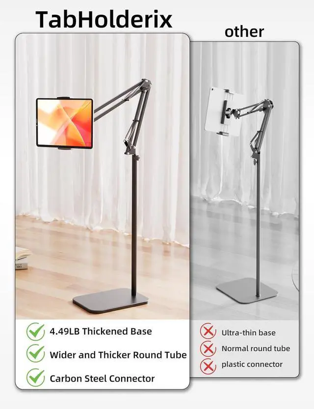 Main image of Tablet Floor Stand with 4.5LB Heavy Metal Base Overhead Bed Phone Stand Angle Height Adjustable Holder Universal Phone Mount for iPad iPhone Pro Air Mini  Tab Kindle E-Readers...