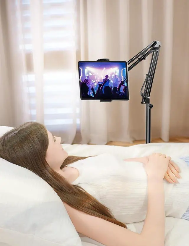 Alt view image 2 of 6 - Tablet Floor Stand with 4.5LB Heavy Metal Base Overhead Bed Phone Stand Angle Height Adjustable Holder Universal Phone Mount for iPad iPhone Pro Air Mini  Tab Kindle E-Readers...