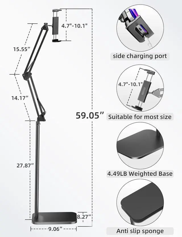 Alt view image 4 of 6 - Tablet Floor Stand with 4.5LB Heavy Metal Base Overhead Bed Phone Stand Angle Height Adjustable Holder Universal Phone Mount for iPad iPhone Pro Air Mini  Tab Kindle E-Readers...