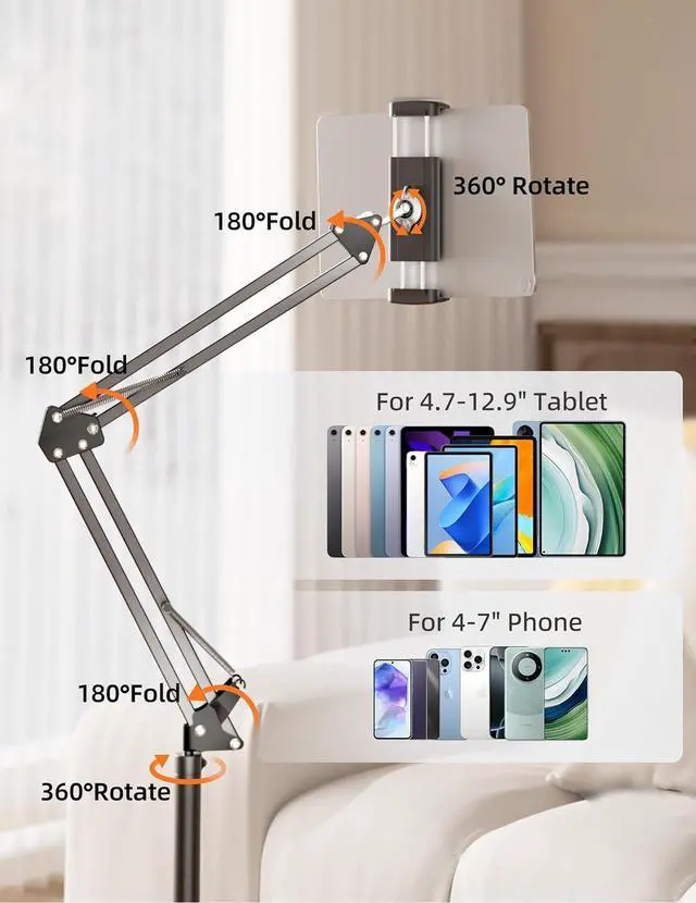 Alt view image 5 of 6 - Tablet Floor Stand with 4.5LB Heavy Metal Base Overhead Bed Phone Stand Angle Height Adjustable Holder Universal Phone Mount for iPad iPhone Pro Air Mini  Tab Kindle E-Readers...