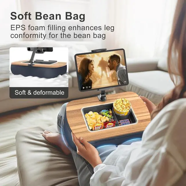 Alt view image 2 of 7 - Lap Beanbag Tablet Pillow Stand Adjustable iPad Holder with Snack Bowl 360° Rotating Clip for 4.7-13 Kindle Phone Tablet.Ideal for Hands-Free Reading and Relaxation on Bed Couch Recliner Gray