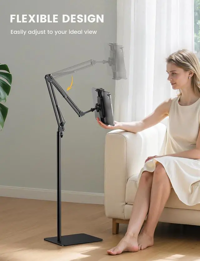 Alt view image 2 of 7 - Floor Tablet Stand Phone Holder - [55 Height Adjustable][ Flexible Arm] Multi Angle Tablet Holder 5lb Weighted Base Bed Mount For 4.7-13 Devices iPad Pro Air Mini Kindle Tabs E-Readers