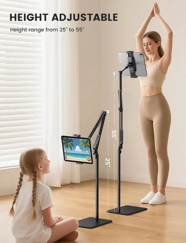 Alt view image 3 of 7 - Floor Tablet Stand Phone Holder - [55 Height Adjustable][ Flexible Arm] Multi Angle Tablet Holder 5lb Weighted Base Bed Mount For 4.7-13 Devices iPad Pro Air Mini Kindle Tabs E-Readers